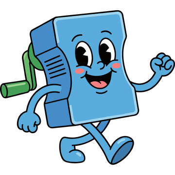 A smiling blue cartoon character runs with its left arm raised.