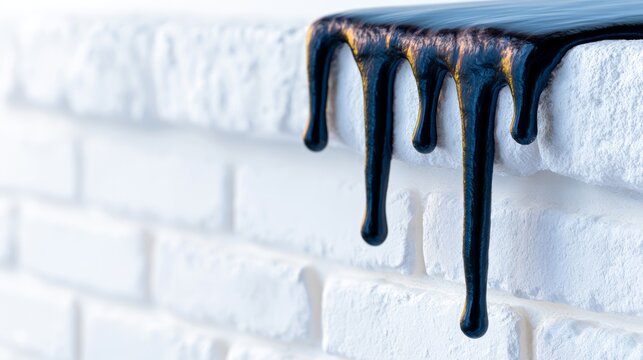 Close-up of white brick wall with black paint drip detail