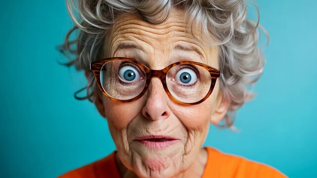 Surprised elderly woman with glasses against blue background