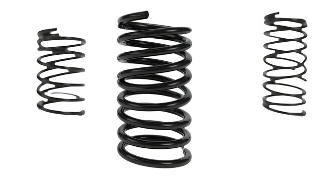 Three metallic coil springs of differing sizes, rendered in high detail against a stark black backdrop. Coils are glossy