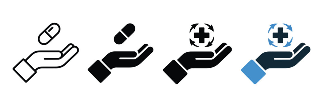 A set of four minimalist vector icons featuring human hands holding medical capsules and health plus signs with circular arrows in flat black and blue colors.