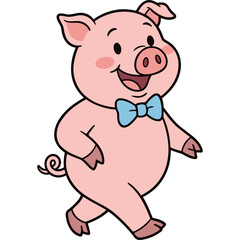 Fototapeta premium A cheerful pink pig wearing a blue bow tie is walking happily