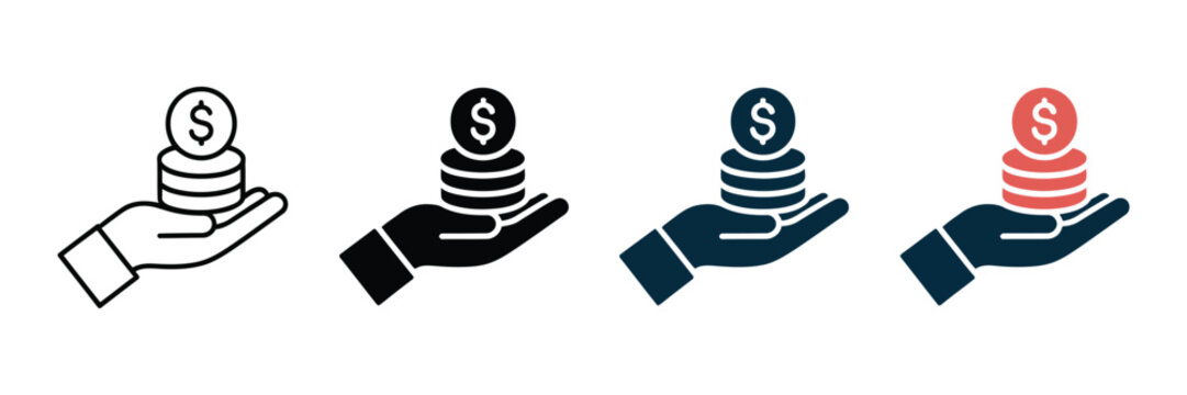 A set of four flat vector icons representing a human hand holding a stack of dollar coins in various distinct styles and modern graphic designs