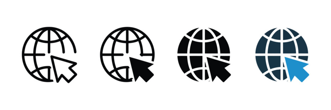 Four distinct globe icons featuring a computer mouse cursor arrow design rendered in clean black and blue minimalist vector styles for web interface navigation and usage.