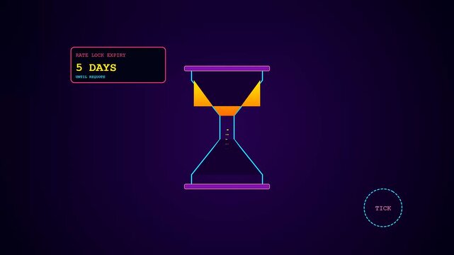Mortgage rate anxiety is visualized through three animated hourglass graphics displaying decreasing countdown durations with glowing neon orange and purple gradients against a deep dark void