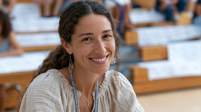 Kindergarten teacher in professional development workshop practices trauma-informed classroom strategies with cohort of fellow educators in school gymnasium converted to training