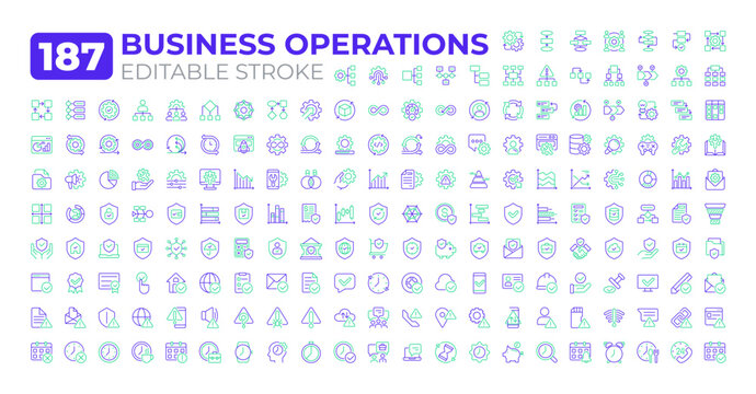 Business operations two color line icons set collection. Activities and systems of company to generate revenue. Management bicolor outline mega pack isolated. Duotone thin lineart. Editable stroke