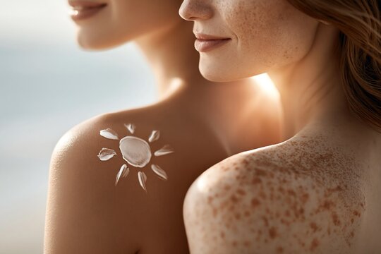 Young and mature women with sunscreen symbol on shoulders, highlighting UV protection, healthy skin habits and skin cancer awareness for healthcare and beauty campaigns