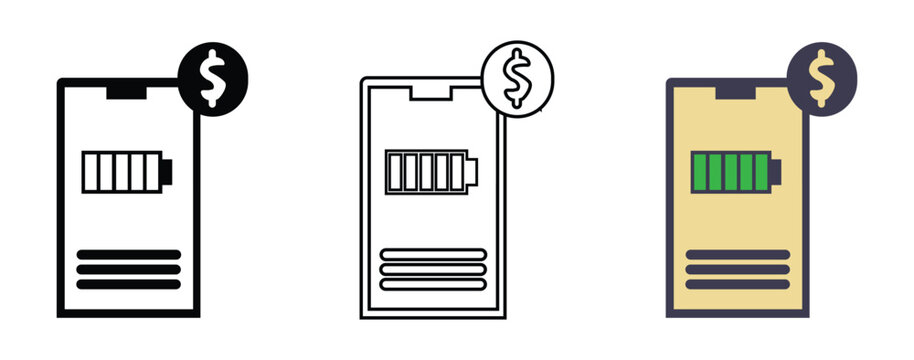 Smartphone recharge and digital payment icon set with battery status and dollar coin in solid glyph, double outline and flat beige styles
