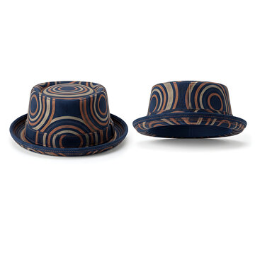Two stylish dark blue hats with a concentric circle pattern in brown and beige, displayed on a white background.
