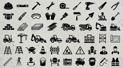 Construction tools and safety icons set black and white vector graphics © ROMIJUDDIN