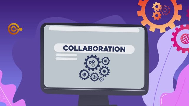 A computer screen displaying the text &ldquo;Collaboration&rdquo; and illustrations of gears