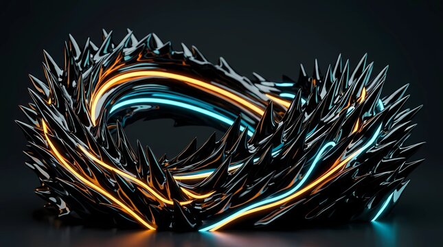 Abstract wave sculpture made of black spiky ferrofluid with glowing neon orange and cyan lines
