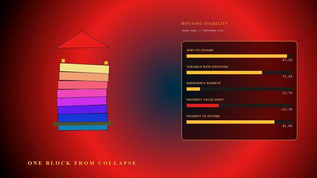 Mortgage rate anxiety is visualized through an animated stack of colorful rectangular blocks that wobble precariously while data charts update their financial values in real time