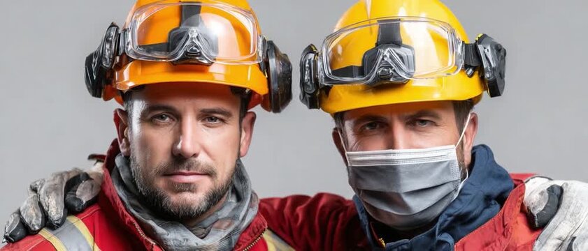 Team of Resilience: Two construction workers, clad in protective gear and hard hats, stand shoulder to shoulder, embodying the spirit of hard work and dedication in a challenging environment.