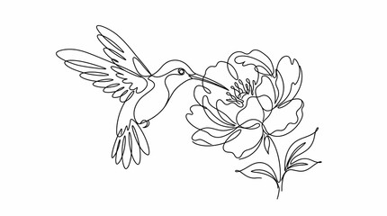 Fototapeta premium Continuous single line drawing of hummingbird and blooming flower