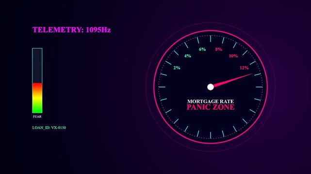 the mortgage rate anxiety concept displayed on three glowing circular indicators showing fluctuating financial data levels and red danger zones in a digital interface format