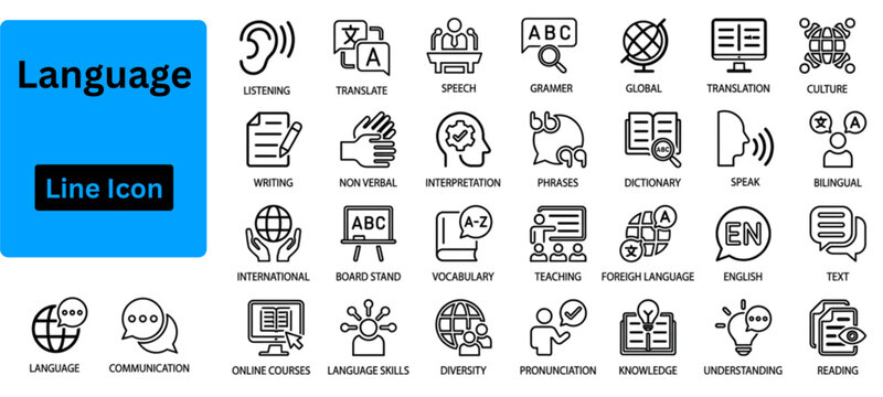 Line art vector of Language icon set. Language outline icon set. Web icon set in line style for language, translation, and communication. Includes editable stroke linear icons of speech, dictionary