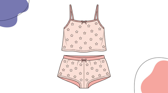 Charming and comfortable pink sleepwear ensemble featuring a playful star-patterned camisole top and matching shorts, perfect for a cozy night's rest or relaxing at home