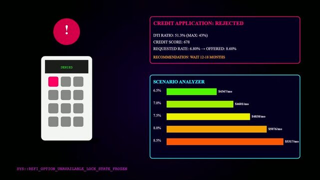 Mortgage rate anxiety displayed via digital interfaces showing rejected loan applications with changing financial charts and numeric data sets on a dark screen background