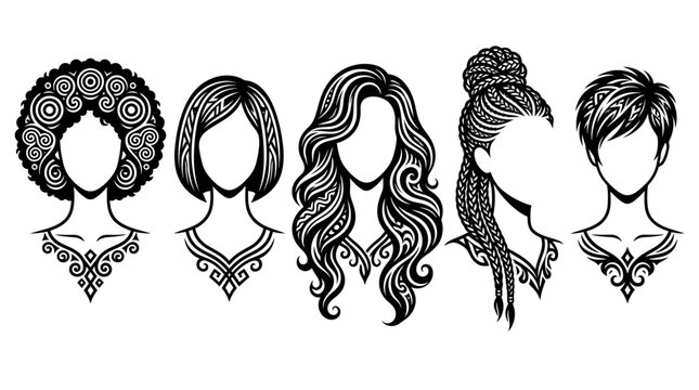 Collection of five diverse hairstyles depicted in a black and white illustration, showcasing various hair textures and styles