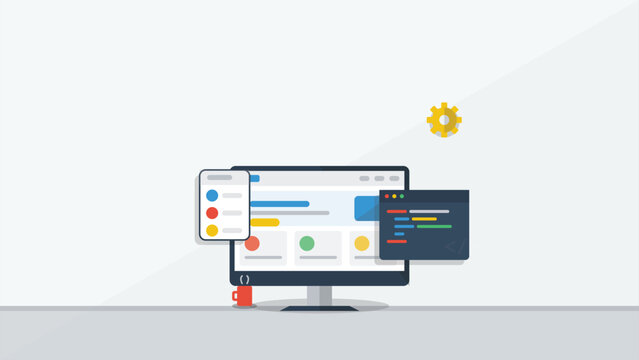 Software Developer Workspace Interface Flat Illustration for Web Design and App Development Project Website Background Digital Coding Service Concept