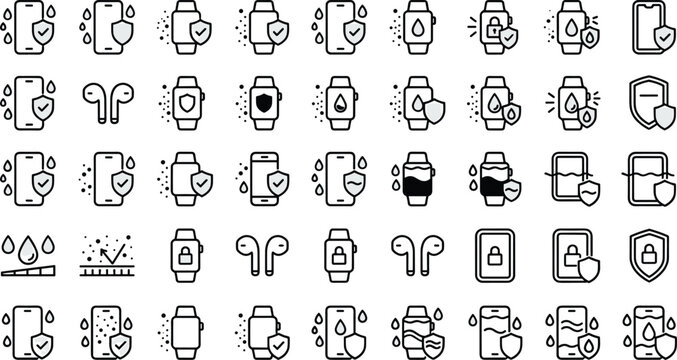 Waterproof and dustproof device protection line icon set featuring smartphone smartwatch screen protector shield and security vectors