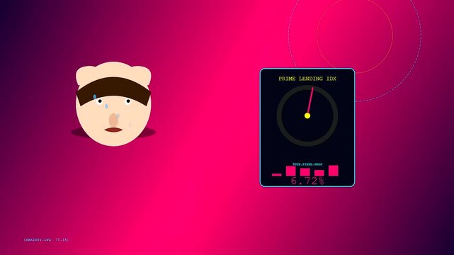 A visual depiction of mortgage rate anxiety showing a stressed human face with sweat droplets alongside a digital gauge displaying fluctuating interest level percentage data points