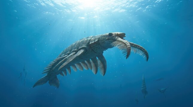 Anomalocaris swimming in prehistoric Cambrian ocean, ancient marine arthropod predator, extinct sea creature illustration, paleoart concept for science education
