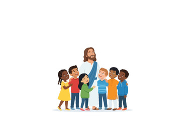 Obraz premium Jesus Christ with Diverse Children Cartoon Illustration