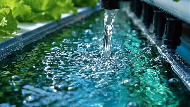 Nutrient recycling closed loop farming hydroponic water flow nutrient recycling closed loop farming hydroponic water flow lettuce roots green trough