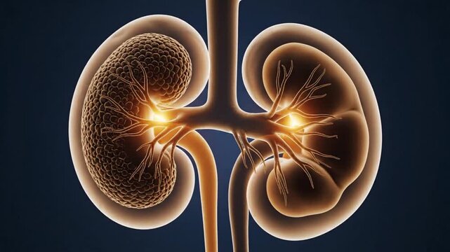 Human kidneys with glowing renal pelvis and ureters in abdominal cavity