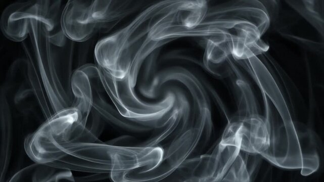 Abstract Monochromatic Smoke Forming Intricate Spiraling Vortex Patterns on Black Background, Dark Cinematic Motion Graphics for Transitions