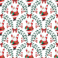 Santa Claus, mistletoe, red bow, arch, berry seamless pattern. Winter holiday wallpaper.  © good_mood