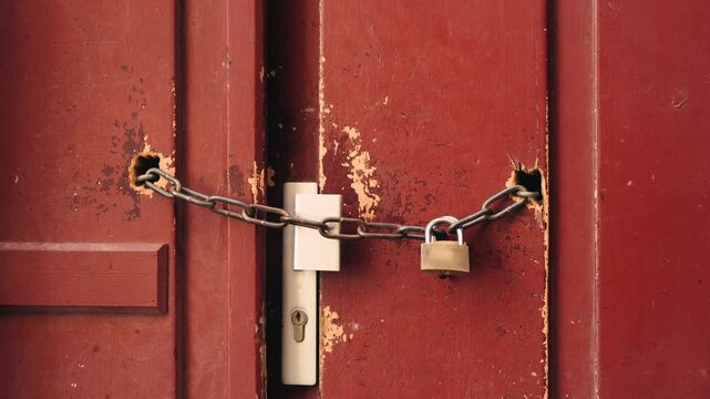 Close-up of a chained padlock securing a weathered red metal door. Security, protection, restricted access and property safety concept. High quality 4k footage
