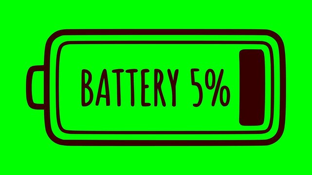 black fill hand drawn style battery 5 percent low energy flashing red light animation on green screen chroma key