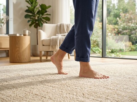Healthy man walking barefoot across a freshly cleaned carpet