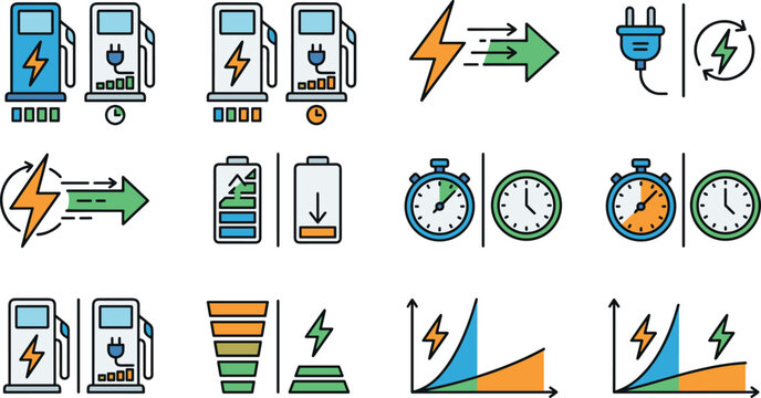 Electric vehicle fast charging icon set featuring battery life metrics energy efficiency charts speed optimization performance and eco power vectors