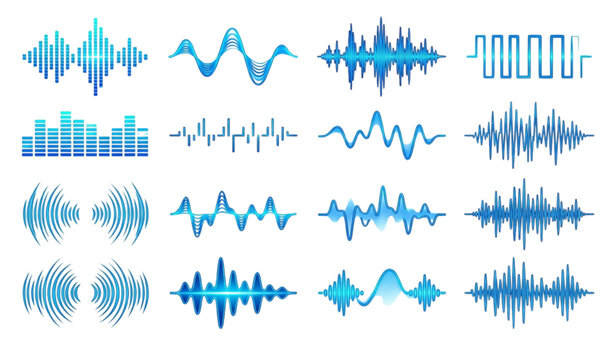 Blue sound wave audio waveform collection vector illustration isolated on white background