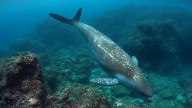 Manatee or dugong swimming closely to the coral reef underwater