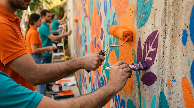 Group of people painting a colorful mural on a concrete wall outdoors, working together on a community art project
