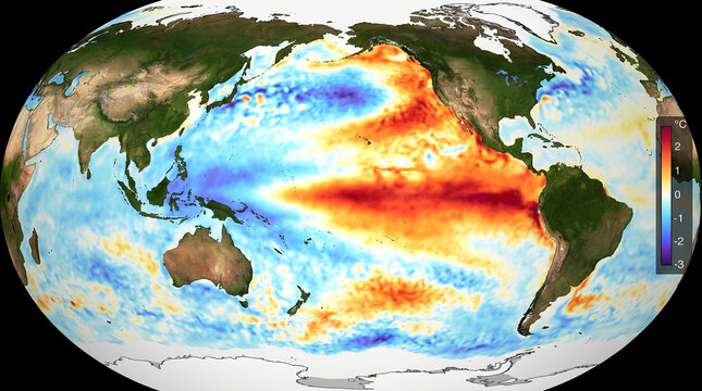 Global map of Pacific Ocean sea surface temperature anomalies highlights super El Ni&ntilde;o event, showing warm equatorial waters and climate change impact on worldwide weather systems