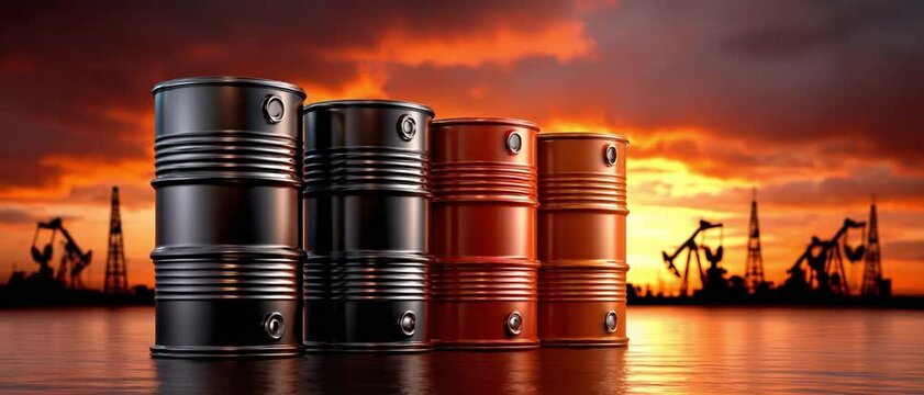 Industrial Powerhouse: A row of oil barrels stands in stark contrast against a dramatic sunset, with oil rigs silhouetted in the background.