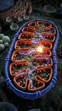 Mitochondrion generating vital biological power, inner membrane structure showing intricate cristae, producing adenosine triphosphate, cellular energy, essential organic function.