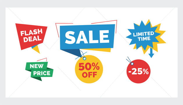 Bright and colorful retail sale promotion badges and discount tags offering special deals and limited time price reductions.