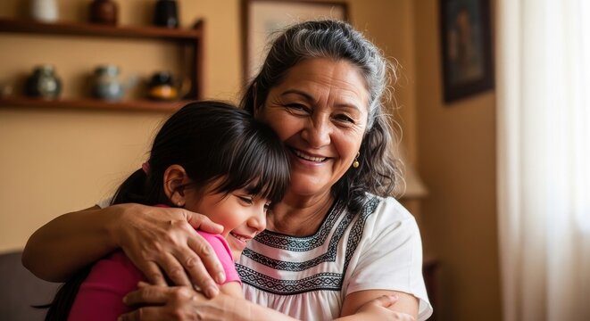 Hispanic grandmother hugging young granddaughter at home, loving senior woman embracing little girl, multi-generational family bonding and affection concept