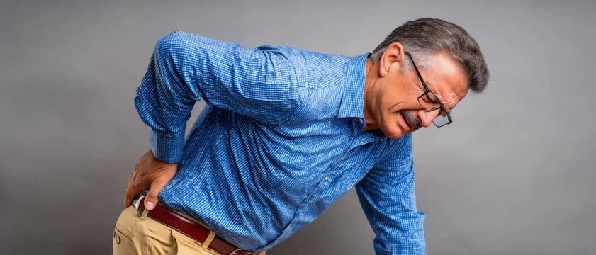 Back Pain Agony: A middle-aged man grimaces in pain, clutching his lower back, expressing the discomfort of lumbar discomfort.