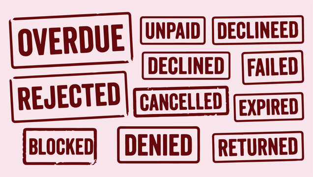 overdue invoice notices, financial payment issues, declined transaction alerts, business status stamps, rejected billing records, formal payment pattern, cancelled payment icons, denied financial back
