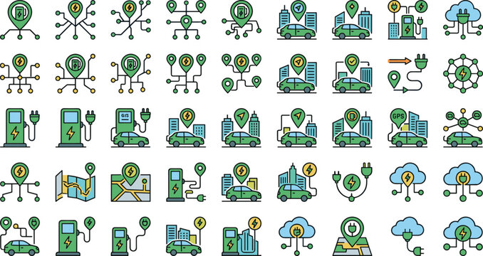 Electric vehicle charging station map navigation icon set featuring green energy transport smart city infrastructure and eco power vectors