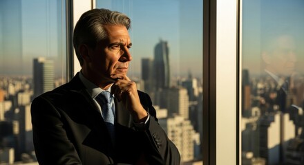 Fototapeta na wymiar Mature businessman in suit looking out of high rise office window at city skyline, pensive corporate executive contemplating business strategy and future growth